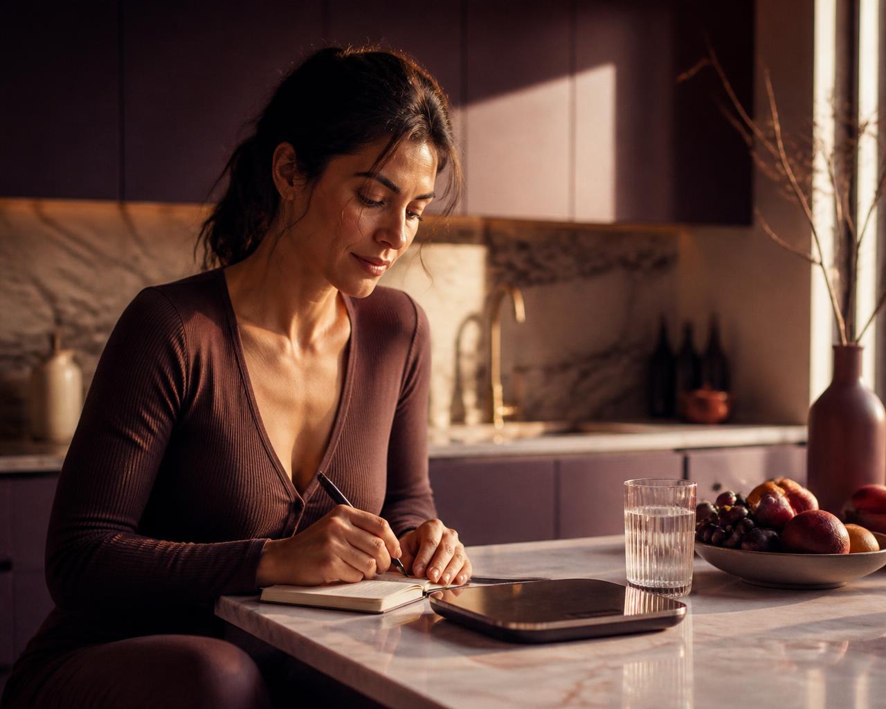 Mulher anotando seu peso em um caderno ao lado de uma balança digital na cozinha